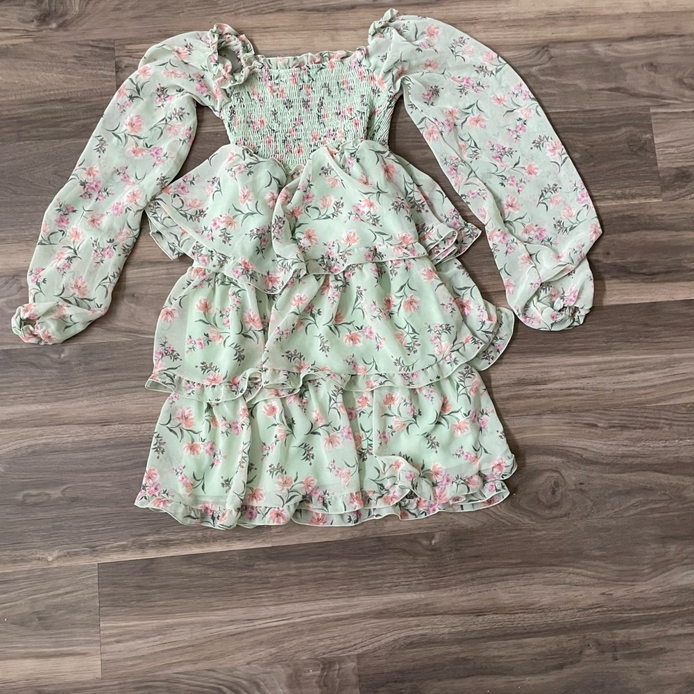 Mint Floral Layered Dress with Long Sleeves